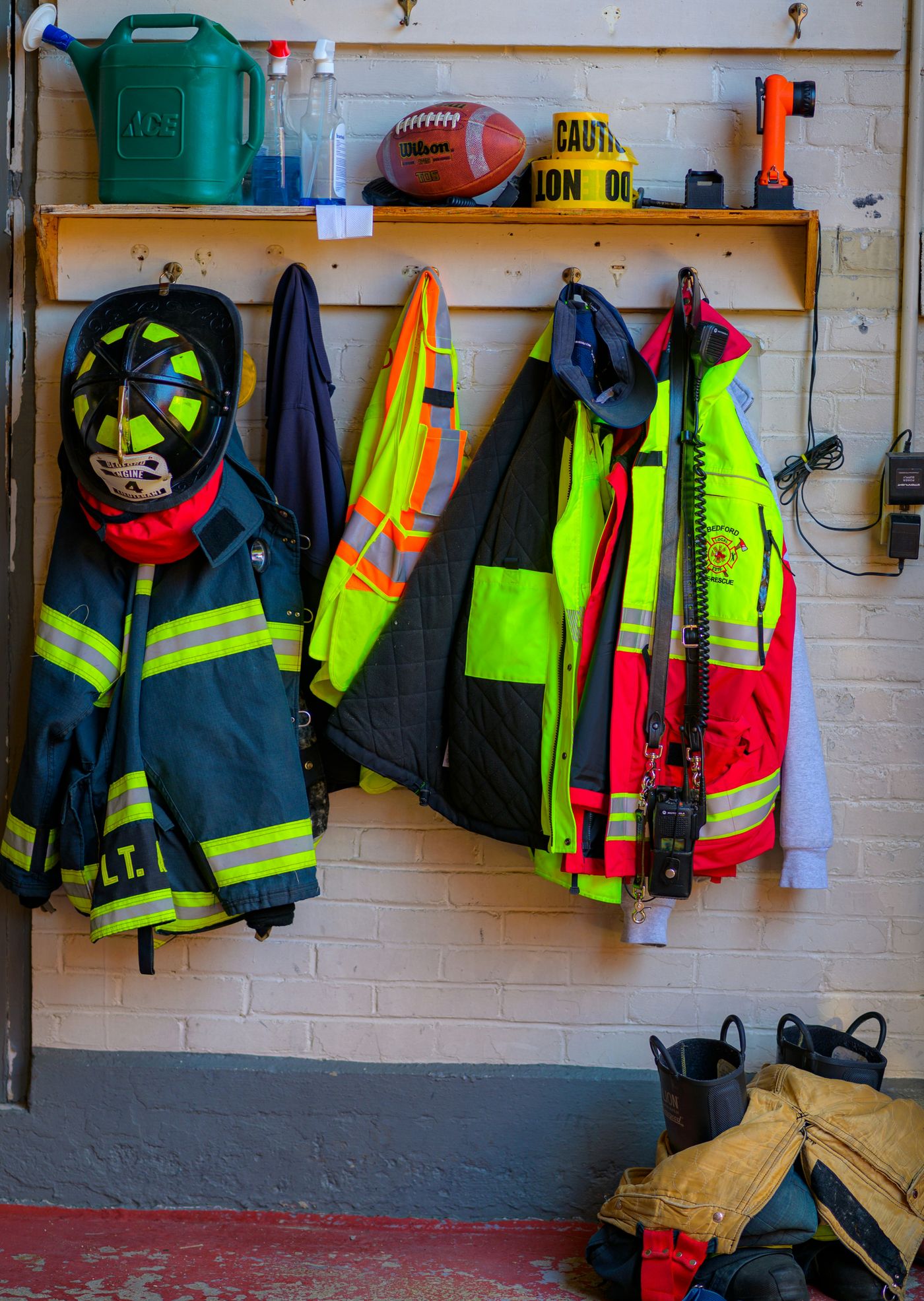 Row of safety helmets and hard hats for construction site HSE compliance