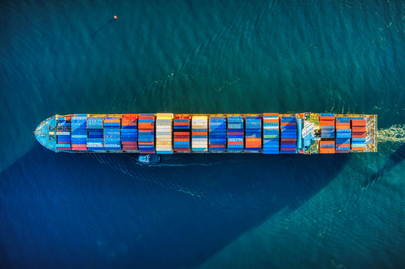 Aerial view of cargo ship at international trade port
