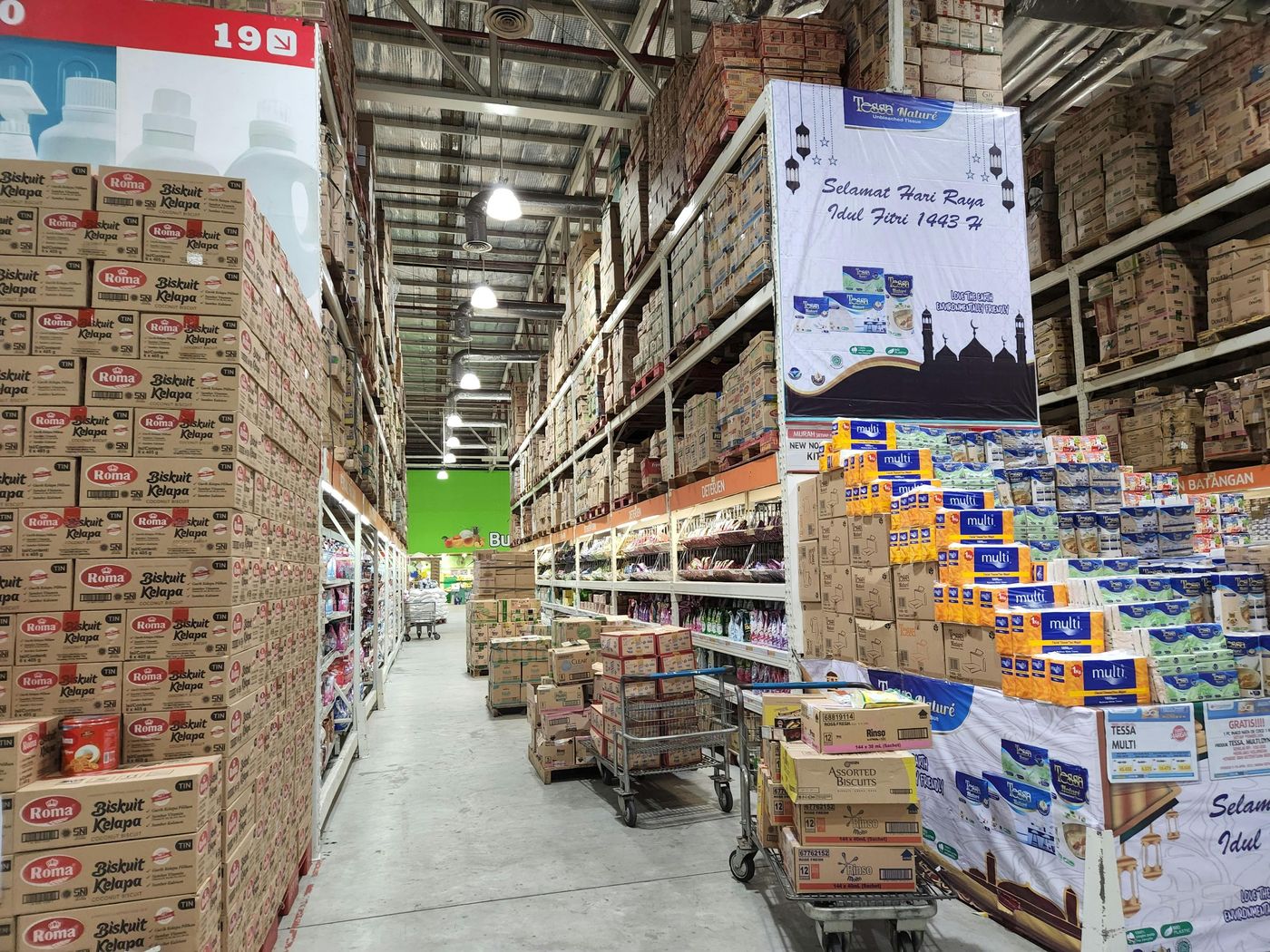 Organized warehouse shelves with inventory for international distribution
